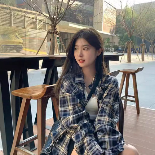 Lazy Retro Long-Sleeved Plaid Loose Women's Shirt Versatile Casual Thin Fashionable Temperament Long-Sleeved Jacket Sunscreen