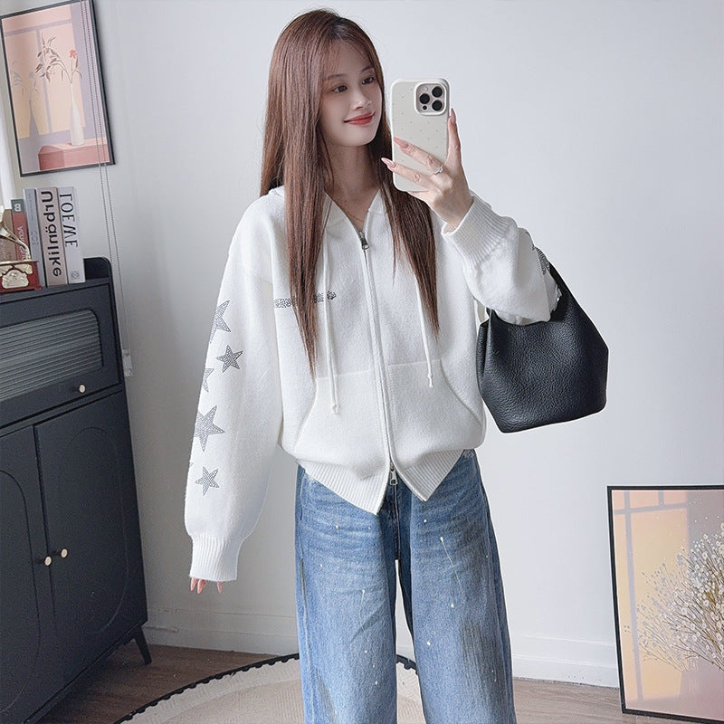 Hooded zipper long sleeved sweater