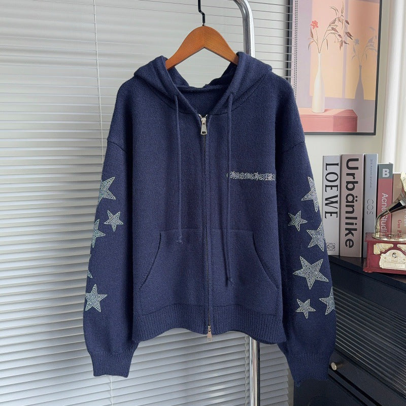 Hooded zipper long sleeved sweater