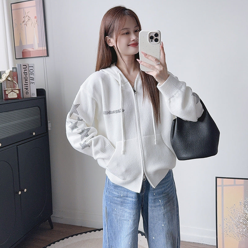 Hooded zipper long sleeved sweater