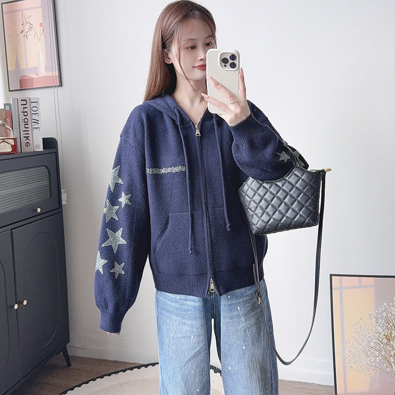 Hooded zipper long sleeved sweater