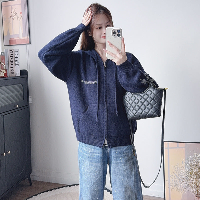 Hooded zipper long sleeved sweater